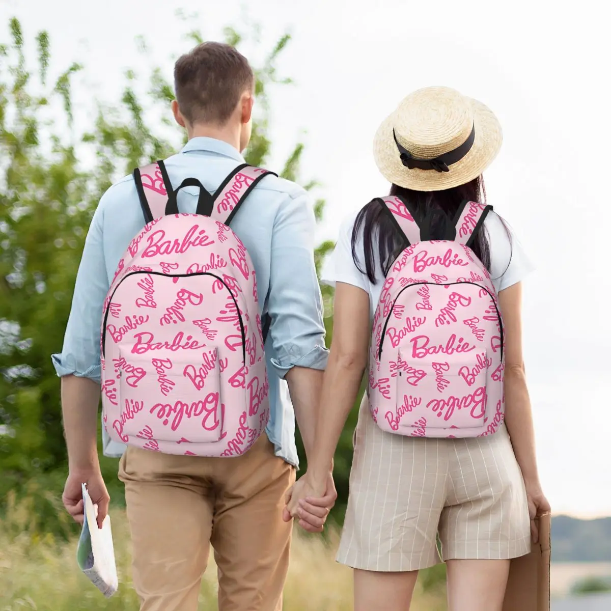 Mochilas de lona con patrón de muñeca para hombres y mujeres, Barbies rosas personalizados, bolsas de viaje escolares para niñas y niños, bolsa de libros apta para computadora portátil de 15 pulgadas