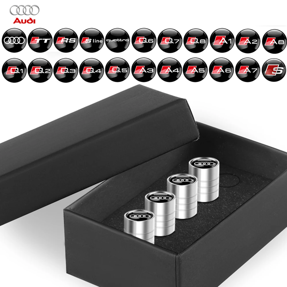 4Pcs Metal Logo Car Wheel Tire Air Valve Caps Cover With Gifts Box For Audi SLine A3 A4 8P 8V A5 A6 C7 Q5 A1 Q7 Q3 TT RS Quattro