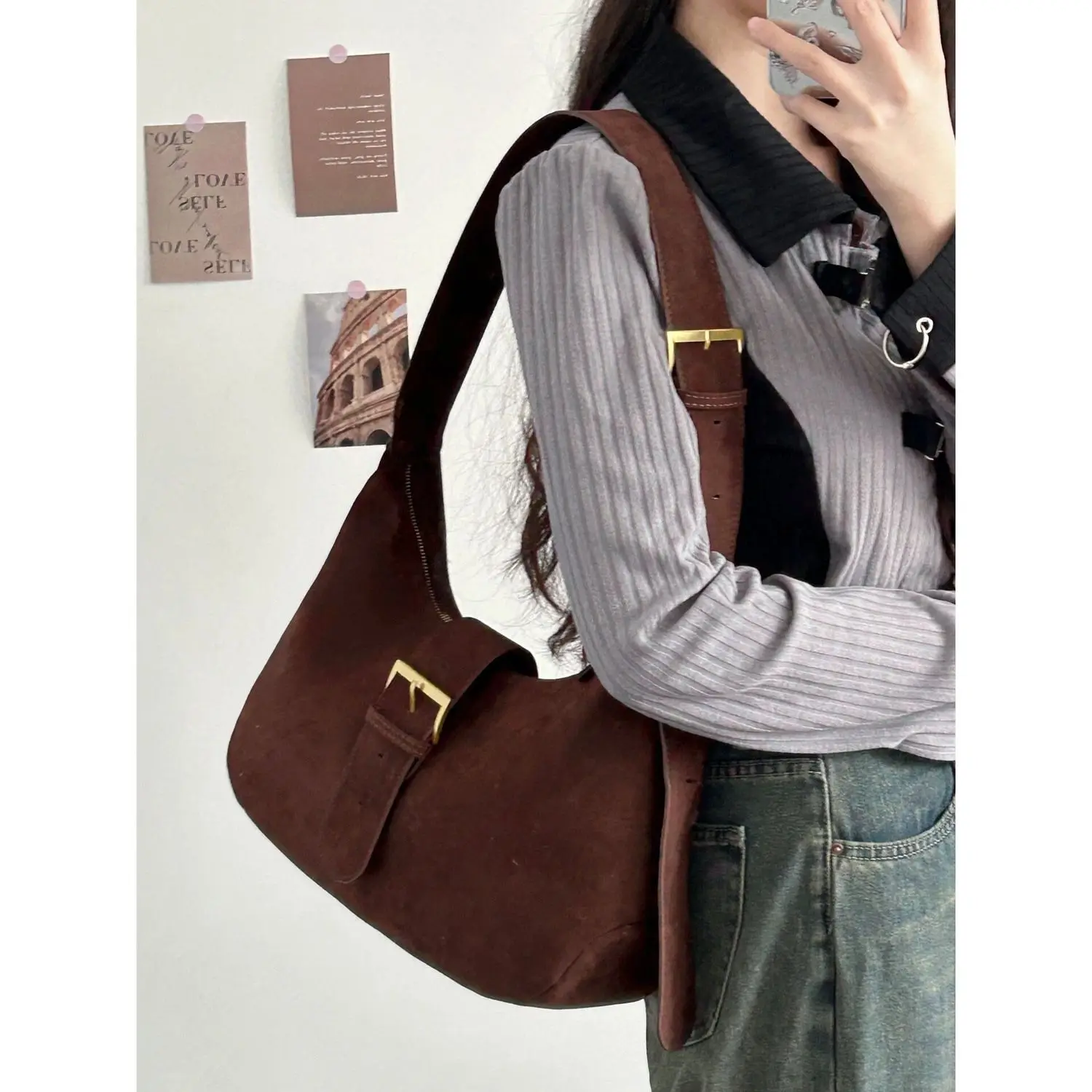 Faux Suede Women\'s Shoulder Crossbody Bag Matte Leather Female Underarm Bags Retro Design Ladies Large Handbags Saddle Bag Tote