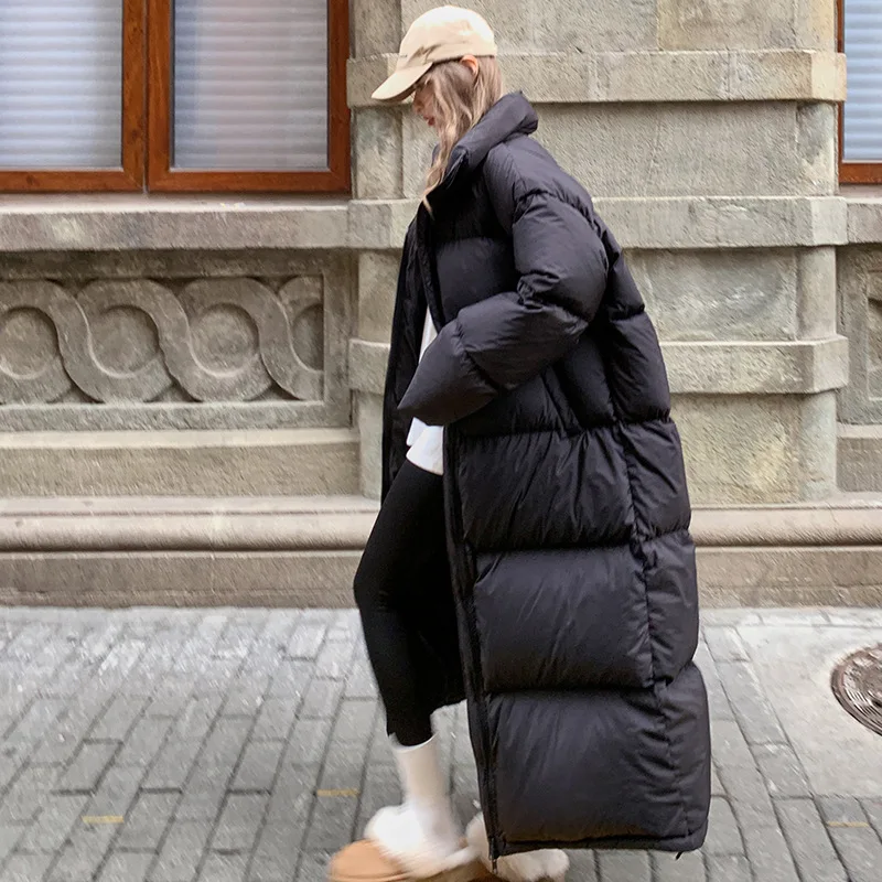 Casaco de inverno parka longo extragrande para mulheres, jaqueta puffer coreana à prova de vento, manga comprida grossa quente, jaqueta acolchoada com zíper, sólida