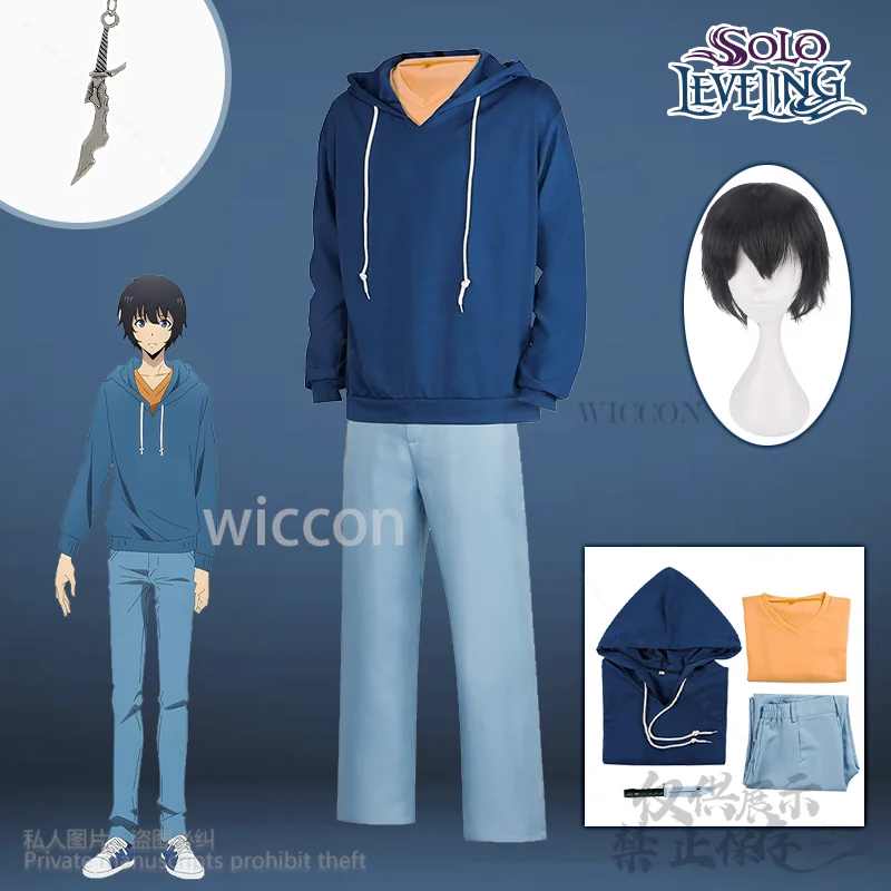 Sung Jin Woo Cosplay nivellement 자Costume Anime Solo bleu uniforme haut pantalon perruques pour Halloween fête homme Cos personnalisé