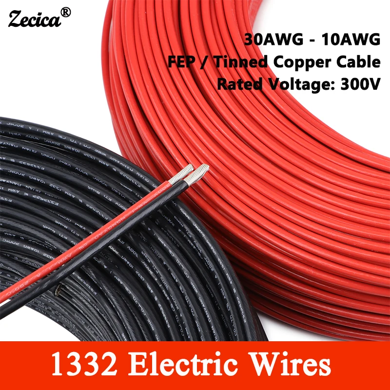 1~100M UL1332 PTFE Wire Black Red 30AWG - 10AWG 3D Printer High Temperature 200degree FEP Insulated Tinned Copper Cable