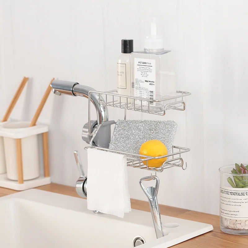 Punch-Free Kitchen Faucet Drain Rack Sponge and Cloth Single-Layer Thickened Storage Rack Stainless Steel Storage Rack