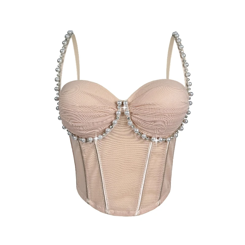 

SsTss High Quality Diamond Beading Decoration Bustier Corset Top Women Fashion Solid Summer Mesh Hollow Fishbone Skinny Crop Top