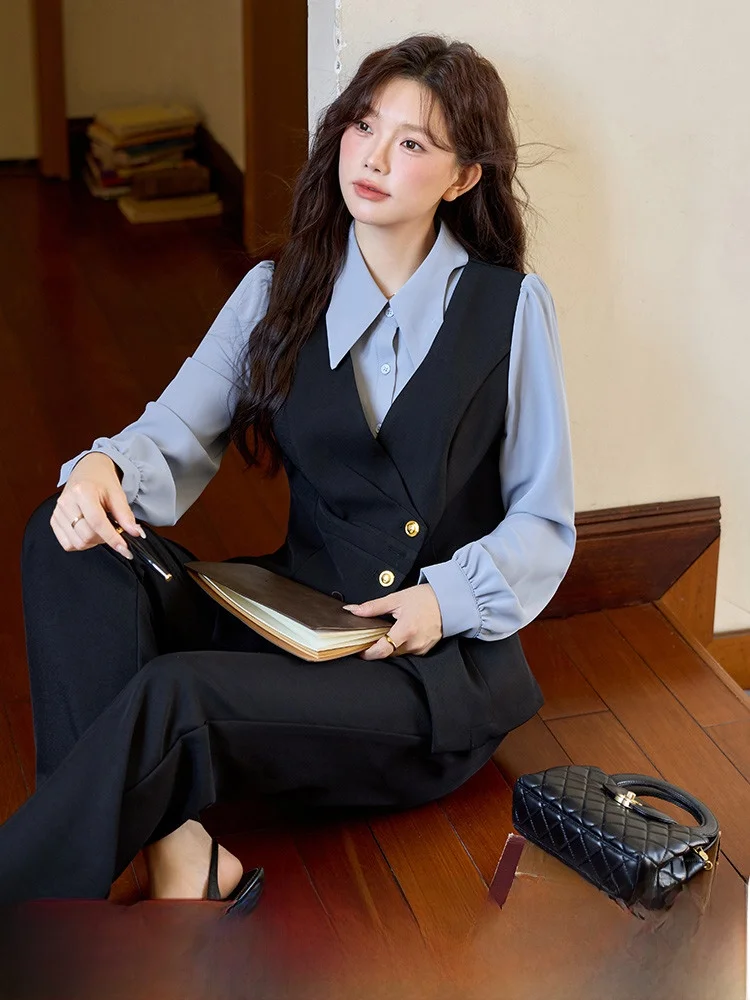 

Faionable женский костюм больших размеров, комплект с высокой талией, широкие брюки, длинная круглая юбка трапециевидной формы, осенняя одежда