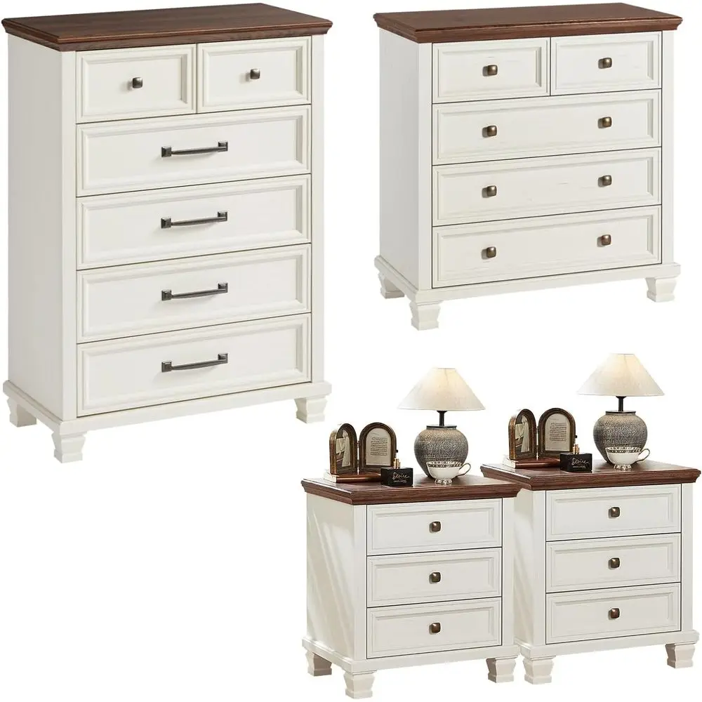

Rustic Wooden 4-Drawer and 6-Drawer Tall Chest with 5-Drawer Dresser and 3-Drawer Nightstand Set for Bedroom or Hallway in White