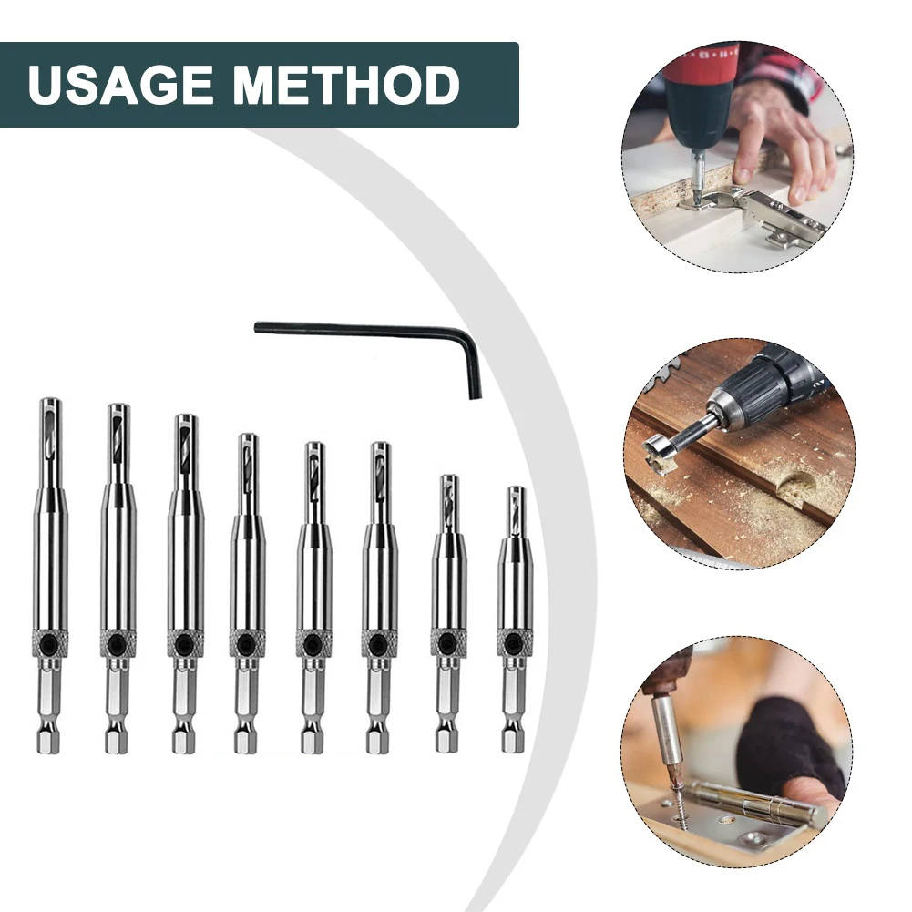Zestaw 8 szt. wiertarskich HSS samocentrujących do zawiasów, do precyzyjnego wiercenia otworów prowadzących w drzwiach i szafkach, z rowkiem sześciokątnym i kluczem sześciokątnym.