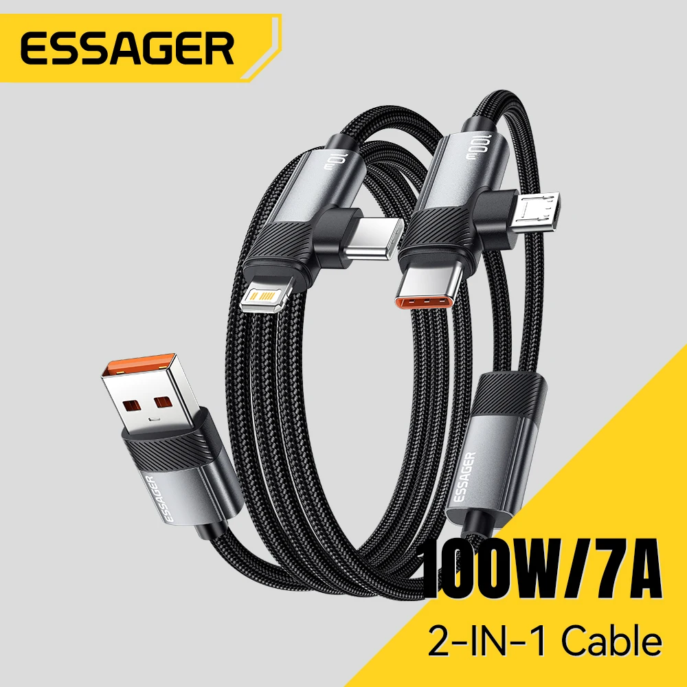 Essager 2 in 1 Right Angle Cable USB A To Type-C Lighting Micro 7A 100W Fast Charging for IPhone16 Samsung Multi-Function Cable