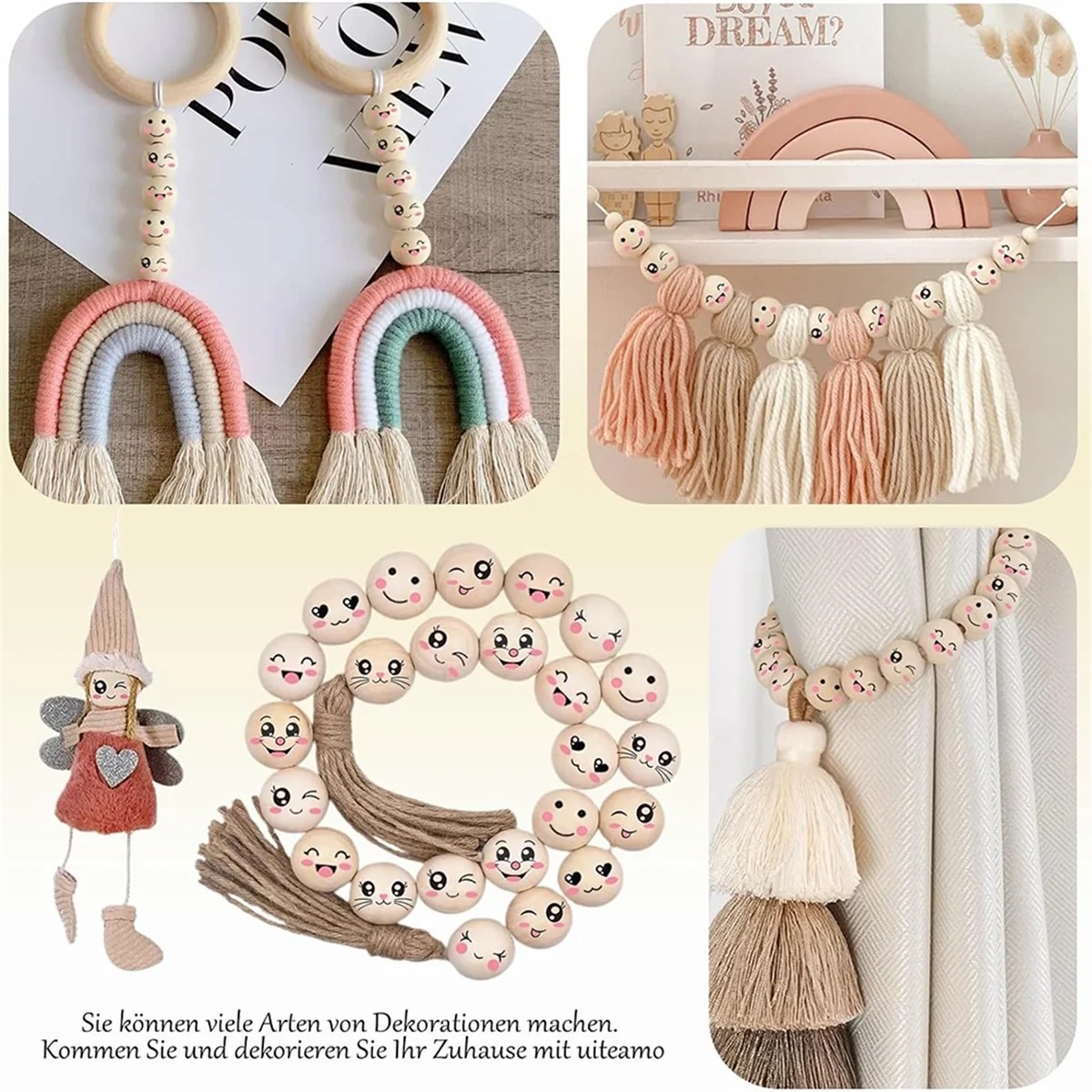 

ABLK 8-стильные деревянные бусины с лицом 20 мм, деревянные бусины с улыбкой на лице, круглые бусины из натурального дерева с отверстием, упаковка из 80 шт.