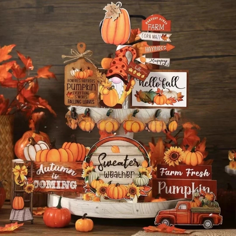 Autumn Thanksgiving Wooden Ornament Pumpkin Maple Leaf Car Ladder Home Party Decoration Wooden Plaque