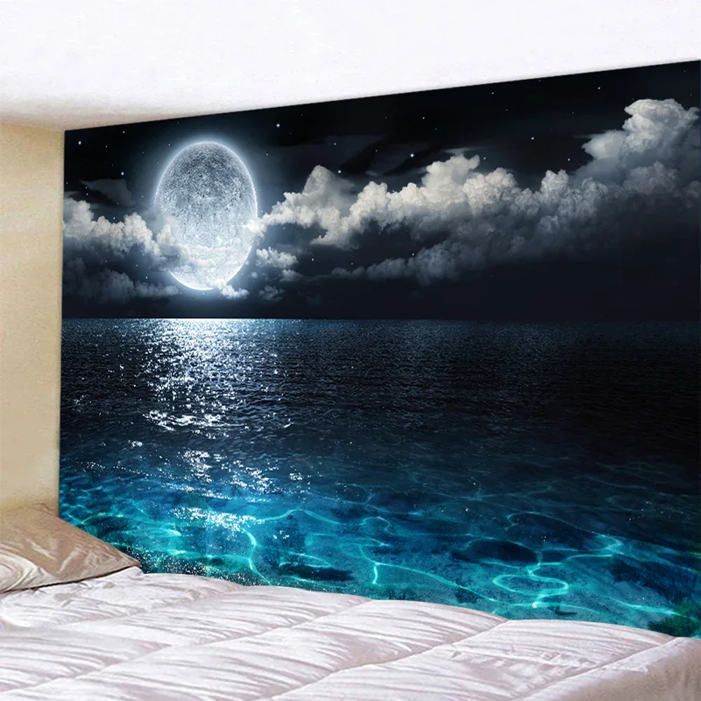 Beach moon background home decoration art tapestry psychedelic scene Hippie Bohemia decoration bedroom sheet yoga mat