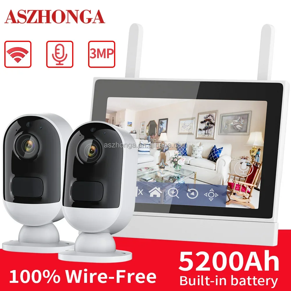 2/4CH Mini Smart Wireless Ip Network Security Home Surveillance CCTV Battery Camera System 3MP WiFi 7 Inch LCD Nvr Kit