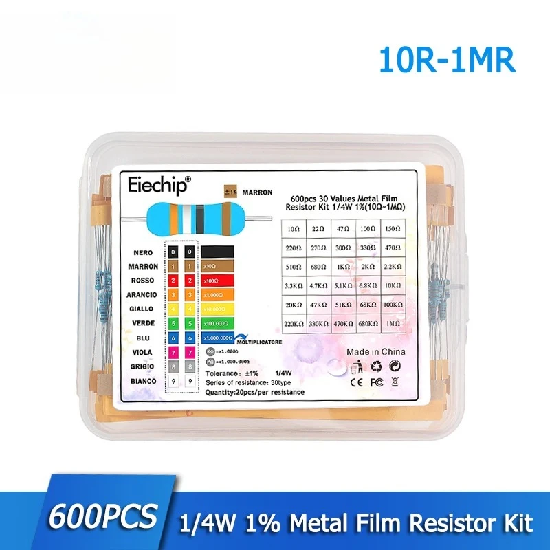 300/600PCS 1/4W Kit de resistencias de película metálica Resistencia 1% 30 valores 10 R ~ 1M 0,25 w Juego de resistencias