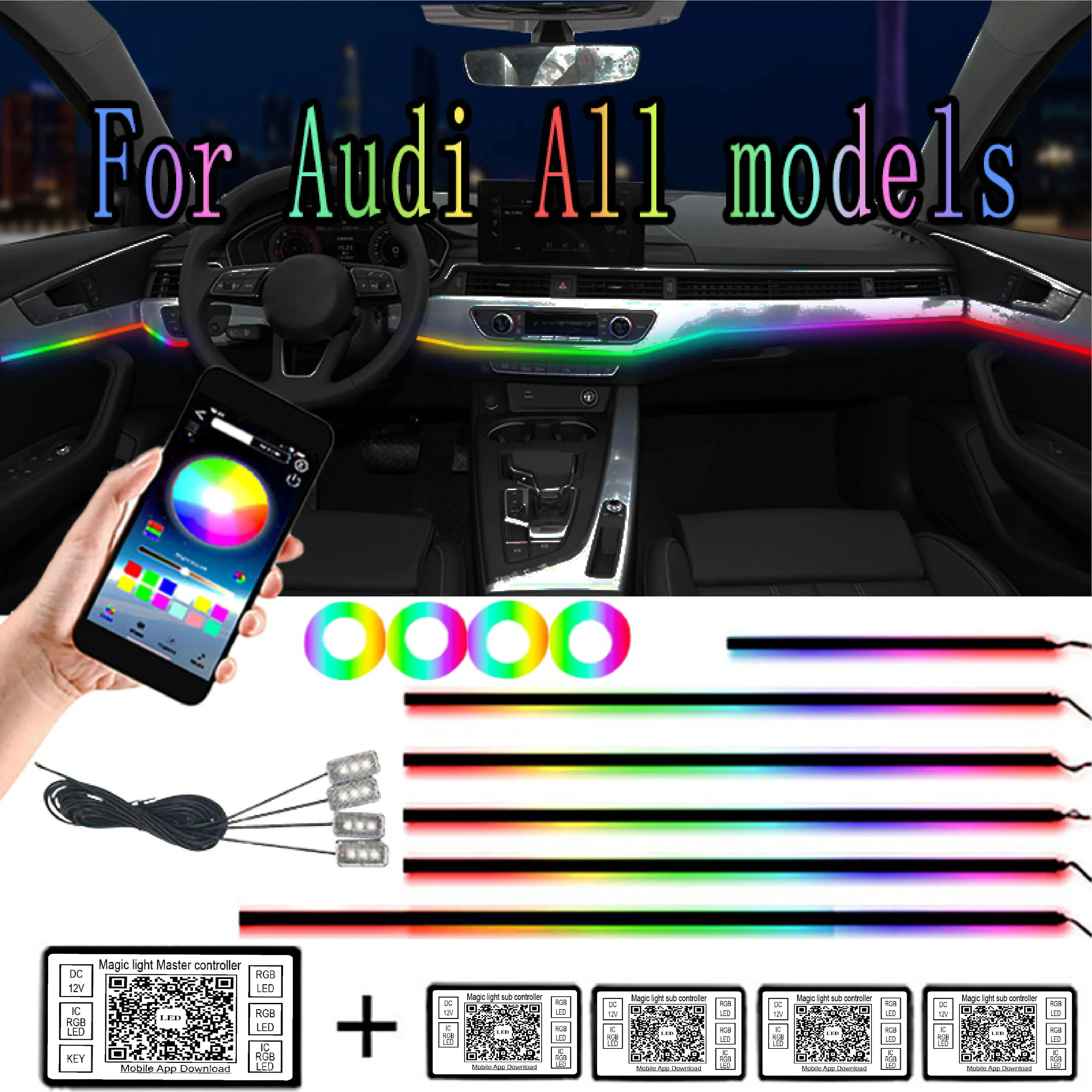 

18 in1 Car Ambient Lights 64 RGB Optic Car Decoration Atmosphere Light For Audi A1 A3 A6 A7 C5 C6 Q3 Q2 Q7 TT TTS R8 S3 S6 A4