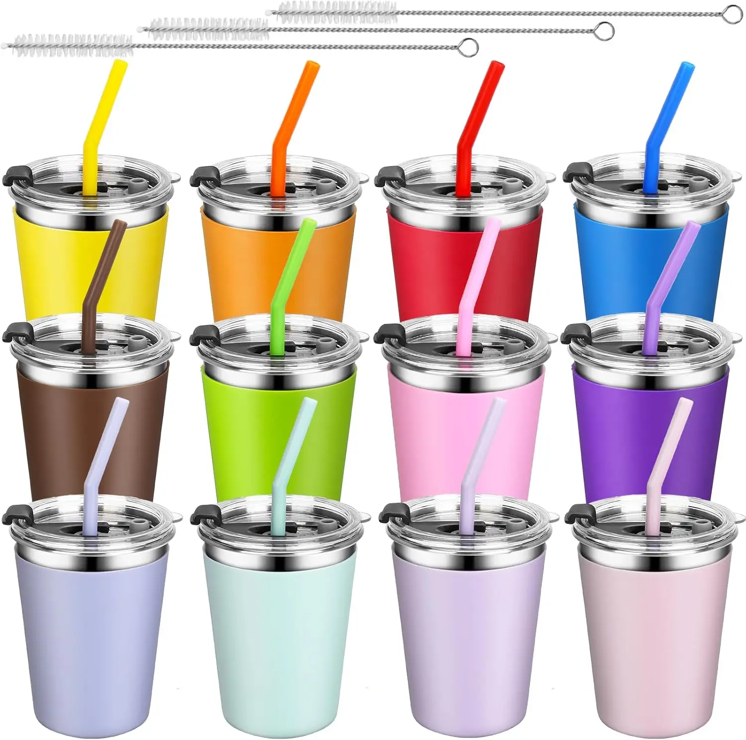 

12-Pack Kids Sippy Cups with Straws, Spill-Proof Stainless Steel Tumblers for Indoor/Outdoor Use