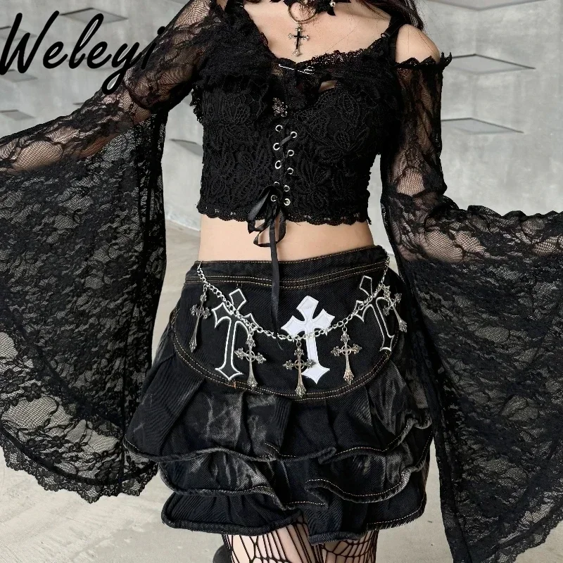 Punk Cake Denim Cross Chain Skirt for Women 2024 Fall and Winter New Yabi Gothic High Waist Wash Black Short Skirts Female