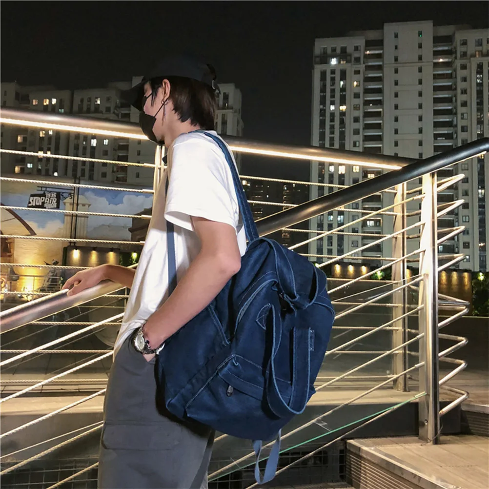 진한 파란색 데님 배낭 대용량 패션 숄더 백 30x11x36cm 남자 여자를위한 학교 학생 가방 데님 배낭
