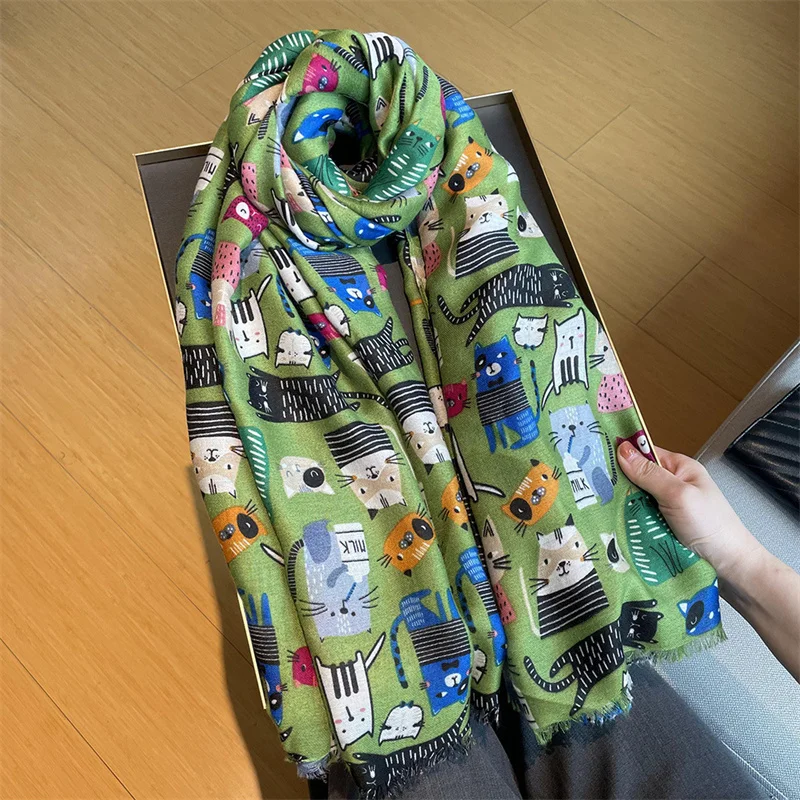 2024 Animal Cartoon Cat Pattern Fringe Viscose Scarf Lady Print Soft Voile Shawls and Wraps Pashmina Muslim Hijab Sjaal 180*90Cm