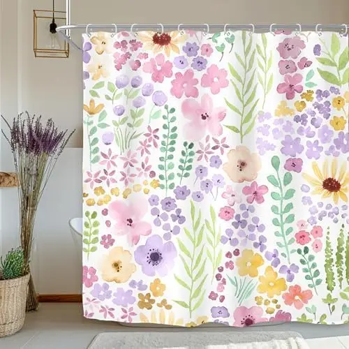 

Colorful Wildflower Watercolor Shower Curtain Pastel Floral Garden Print for Bathroom Decor