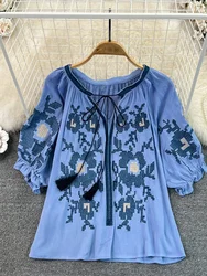 Women Summer T-Shirts Vintage Ethnic Style Style V-Neck Lace Up Loose Embroidered Cotton Linen Shirt Casual Top D3547