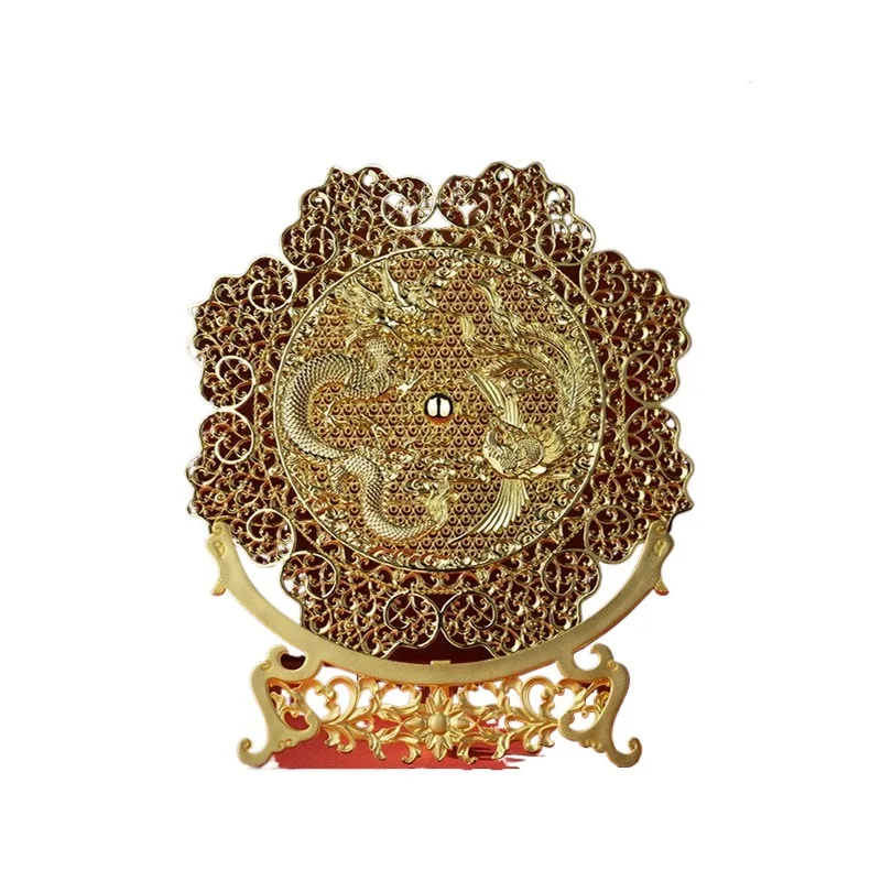 

Flower silk dragon and phoenix plate, living room desktop copper mirror ornament, wedding home decoration handicraft gifts