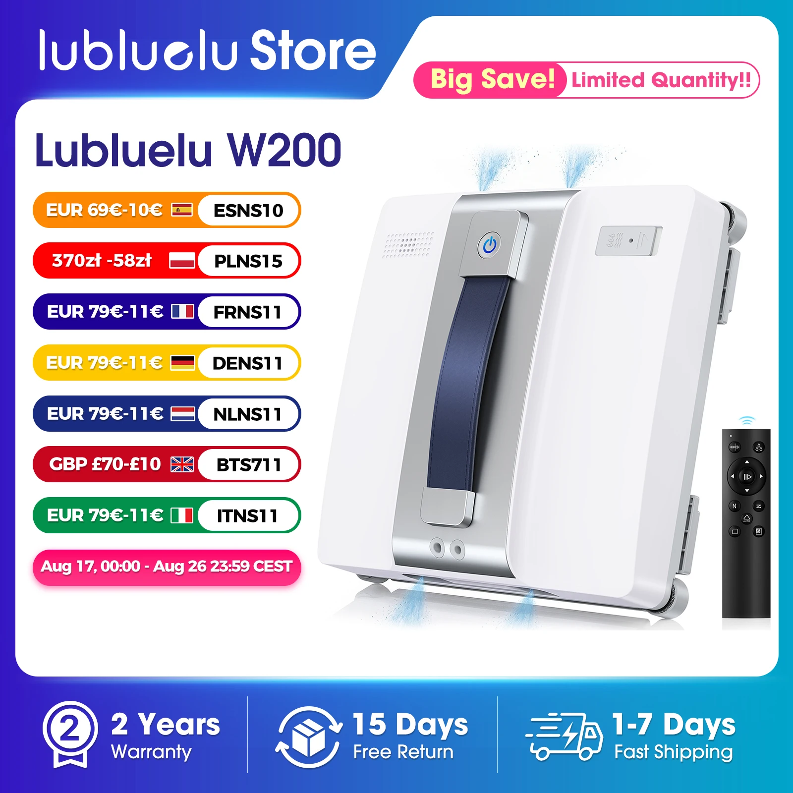 Robot de nettoyage de vitres intelligent Lubluelu W200, forte aspiration de 9 kPa, corde de sécurité haute résistance de 5 m, deux réservoirs d'eau visibles, pulvérisation par technologie sonore, 4 modes de nettoyage, aucun point manqué, parfait pour les surfaces du sol au plafond, les vitres sans cadre et les murs en marbre.