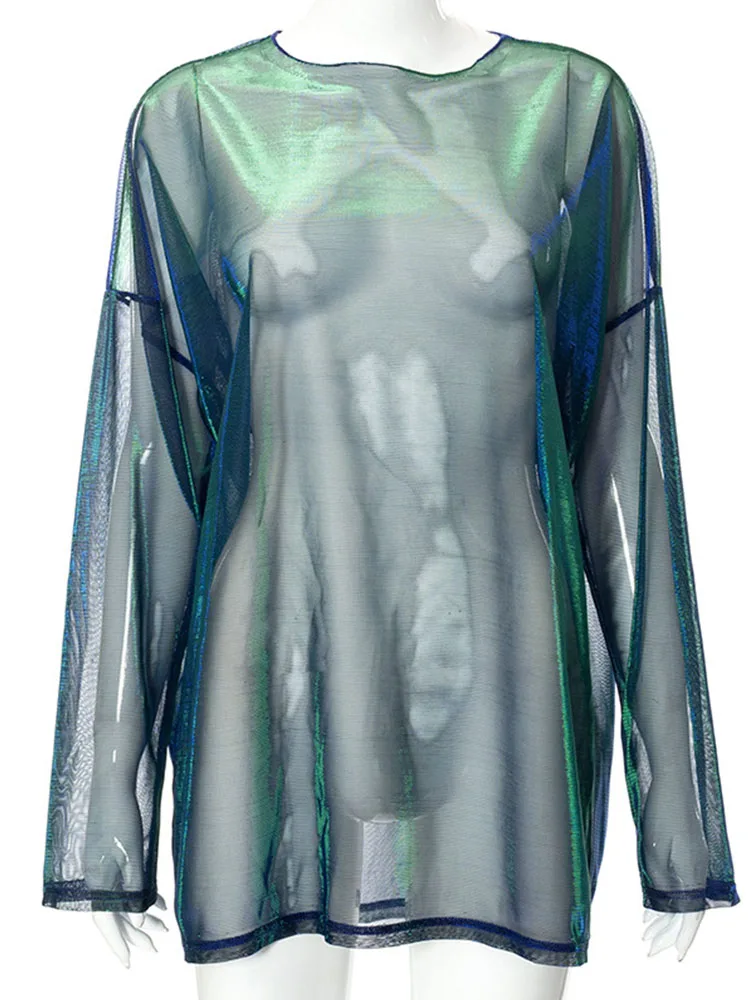 Однотонная прозрачная футболка, женские сексуальные топы, футболка с круглым вырезом и длинными рукавами для женщин, клубная одежда Y2k, эстетические футболки Egirl