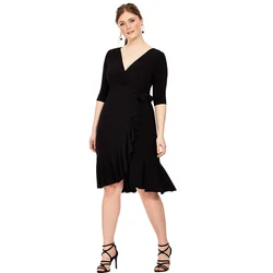 Plus Size Sexy V-neck Elegant Wrap Summer Dress Women Ruffle Trim Tie Back Half Sleeve A-line Work Dress Large Size Party Dress