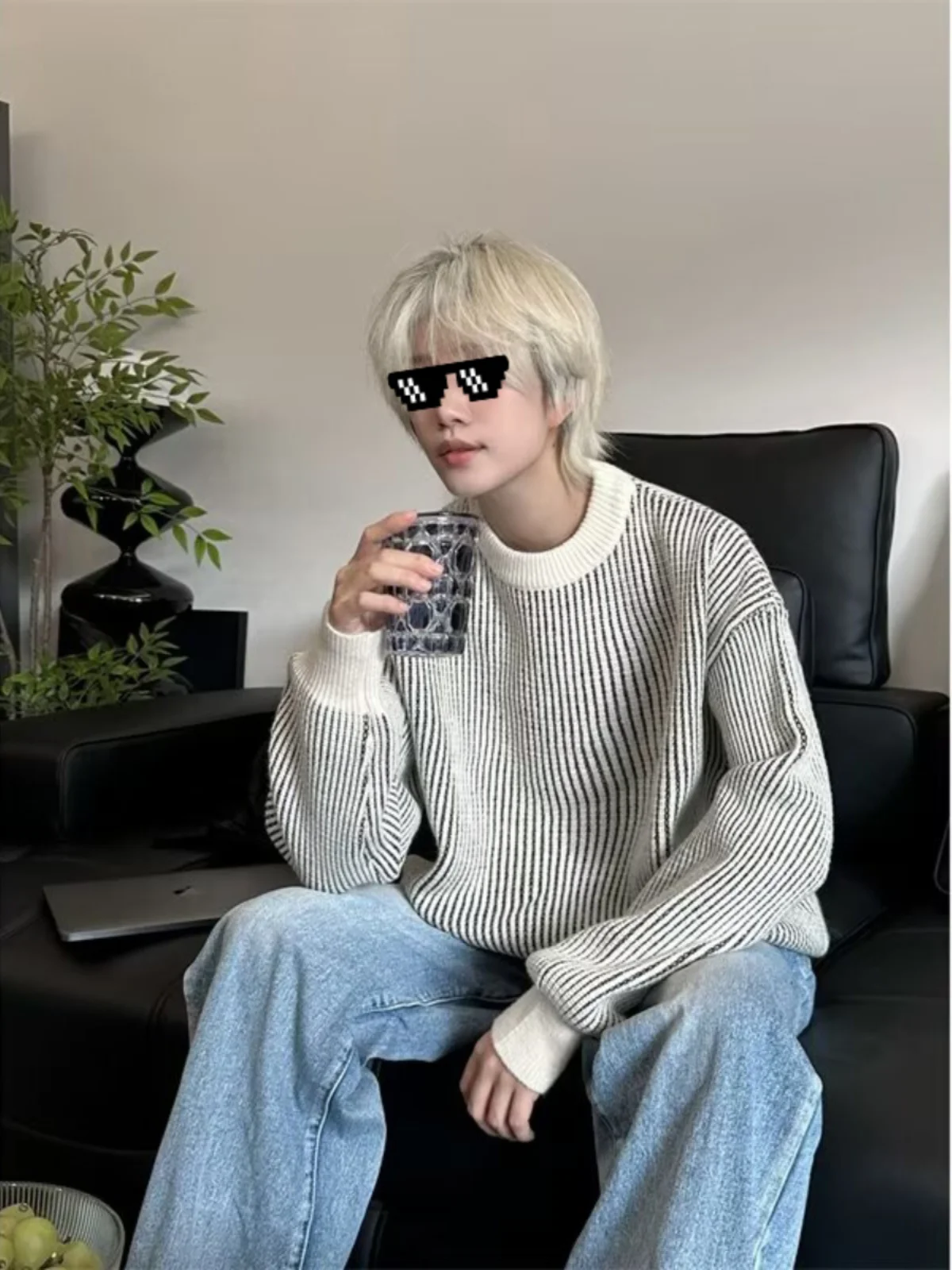 

Мужской трикотажный джемпер свободного кроя с круглым вырезом, белый в полоску, повседневный, осенне-зимний, комфортный, для отдыха, премиум-класса