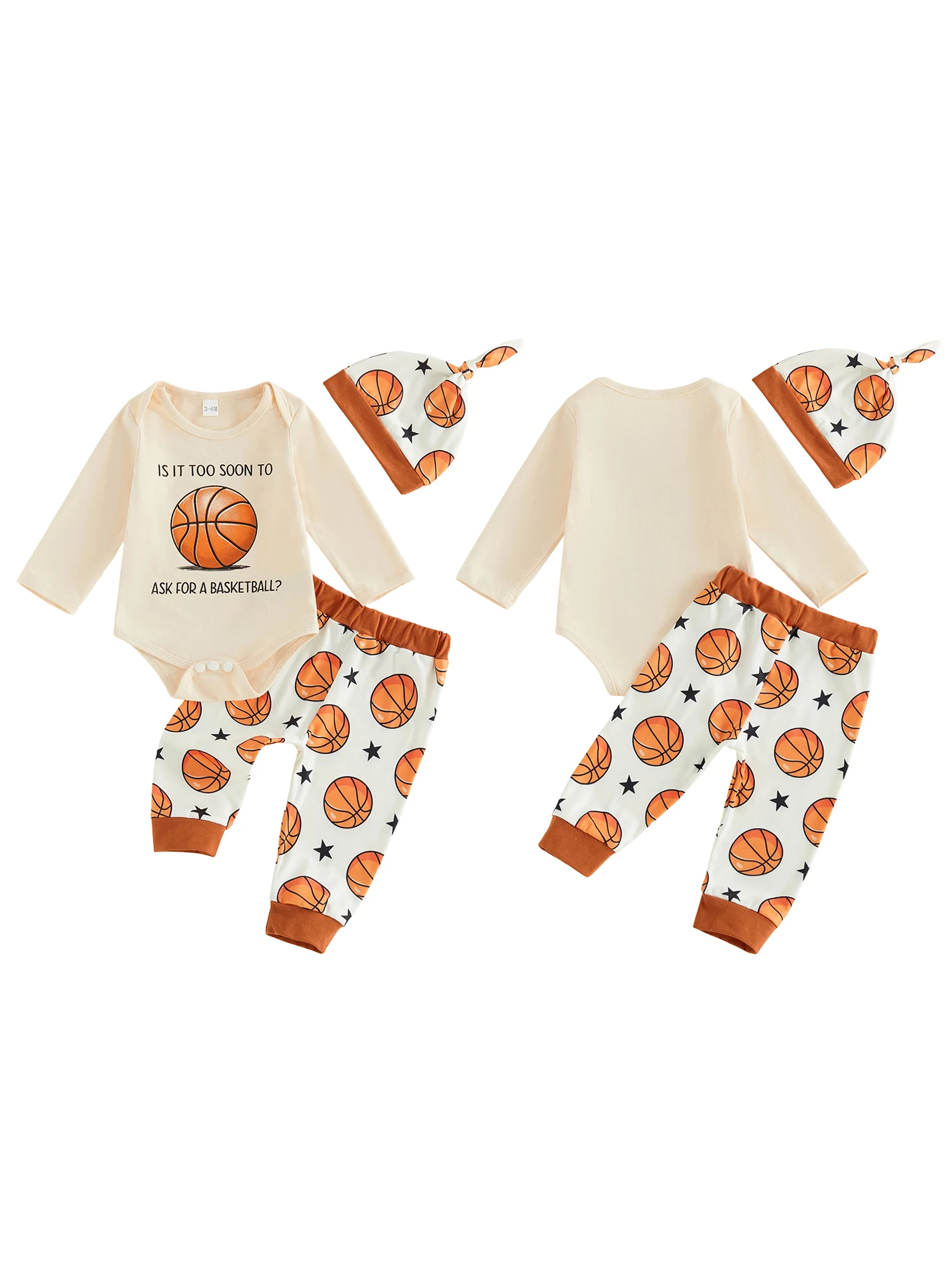

Infant Boys 3-Piece Clothing Set with Long Sleeve Crew Neck Romper Sports Print Pants and Matching Hat for Rugby Basketball