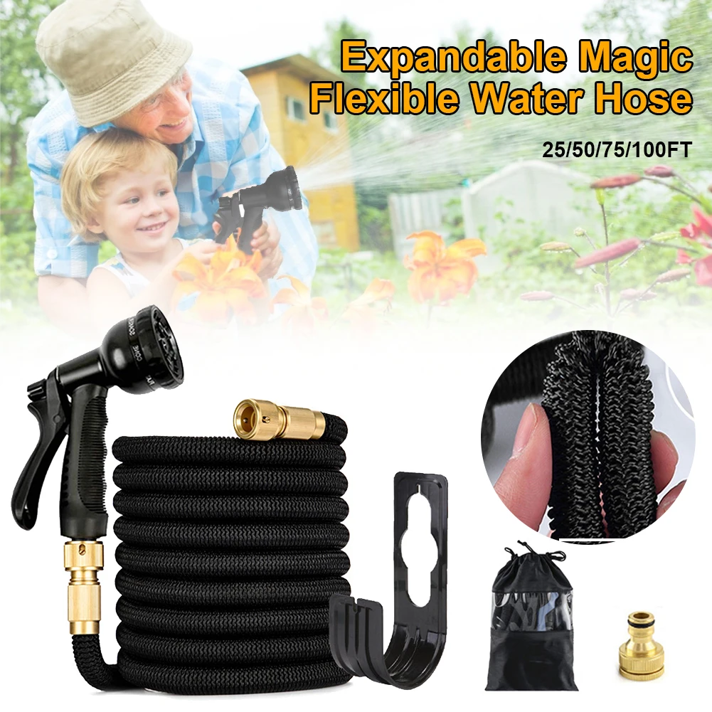 

Expandable Flexible Garden Hose Pipe Car Washing Gardening Hose with 8 Function Nozzle Black Watering Hose Set 25FT