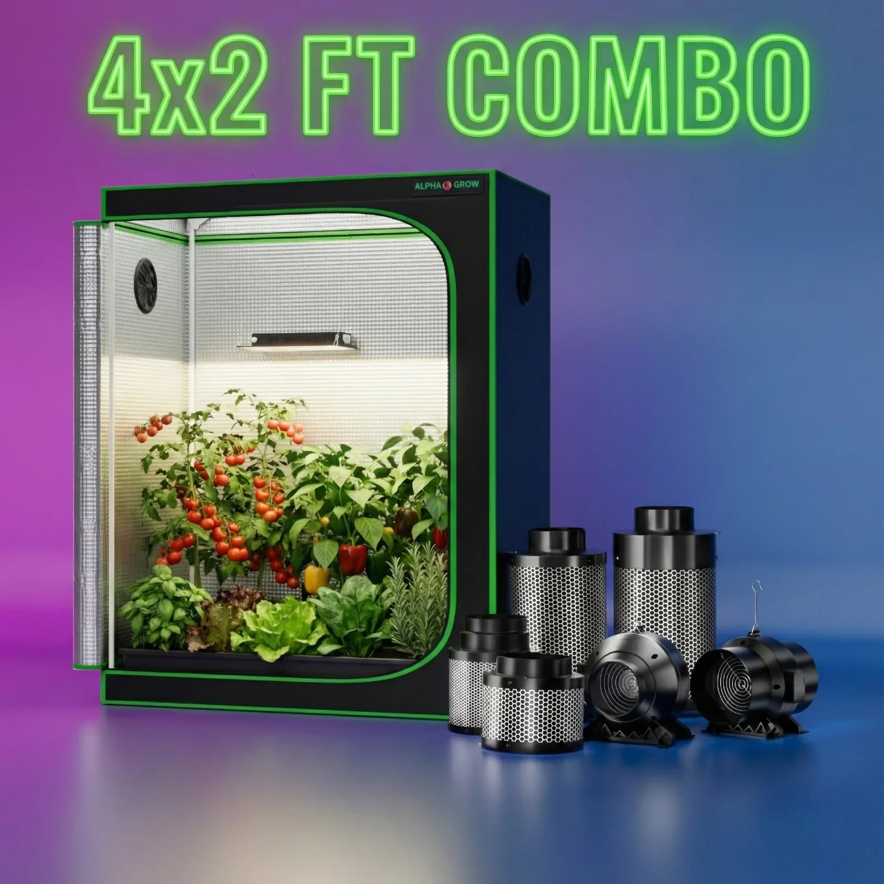 

48"x24"x60" Grow Tent with Optional 100W LED Grow Light, 4"/6" Inline Fan, 4"/6" Carbon Filter, or 4"/6" Fan-Filter Combo