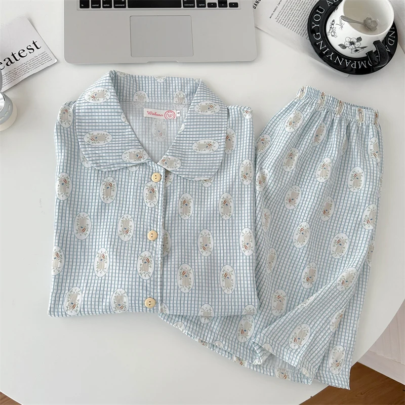 

Cute Cartoon Plaid Dog Cloud Cotton Open Cardigan Short Sleeve Shorts Sleepwear Ladies Summer Thin Home Clothes Set