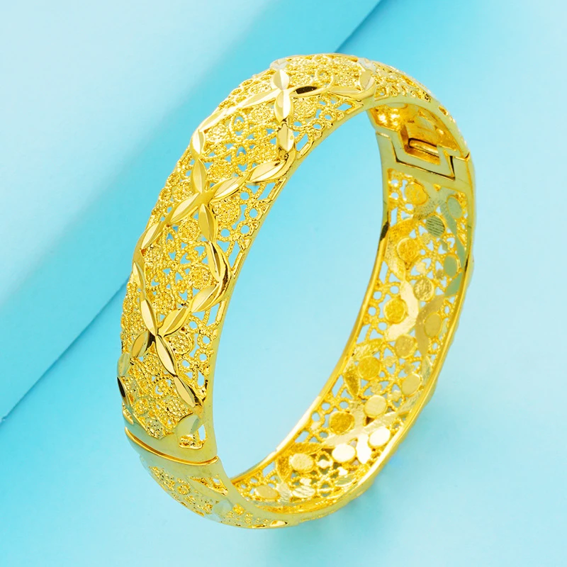 

Luxury Fashion 100% Real 24K Gold Hollow Bangle Bracelet With Clasp Bohemian Style For Women Fine Jewelry Gift
