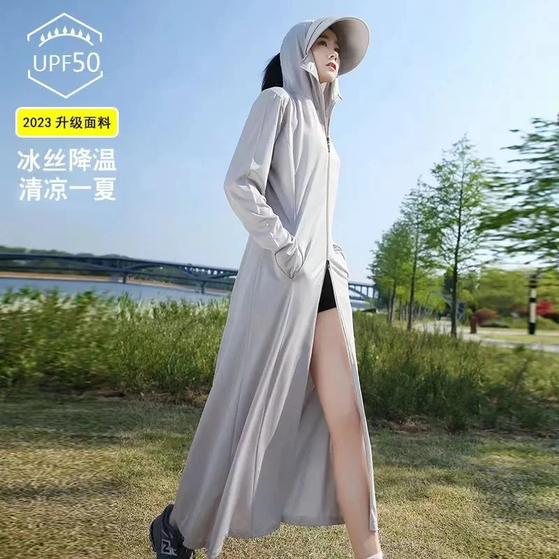 

Ice Silk Sun Protection Clothing Women's Long Coats 2023 Summer New UPF 50+ UV Sun Sunscreen Hoodie Shirts Thin Full Body Jacket