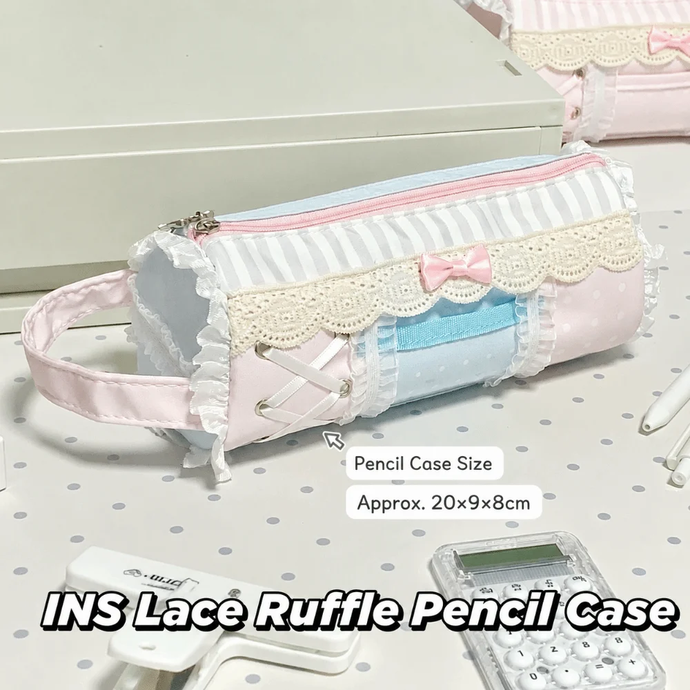 Kawaii Süßes Spitzen-Rüschen-Federmäppchen, mehrschichtig, große Kapazität, Stifteetui, Schreibwaren-Etui, Zurück zur Schule