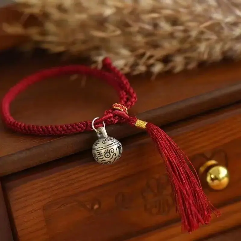 المنسوجة يدويا شرابة سوار للنساء ، S925 الفضة الاسترليني ، الذهب ابتلاع جرس السحر ، الأحمر حبل سوار ، نمط العرقية ، هدية