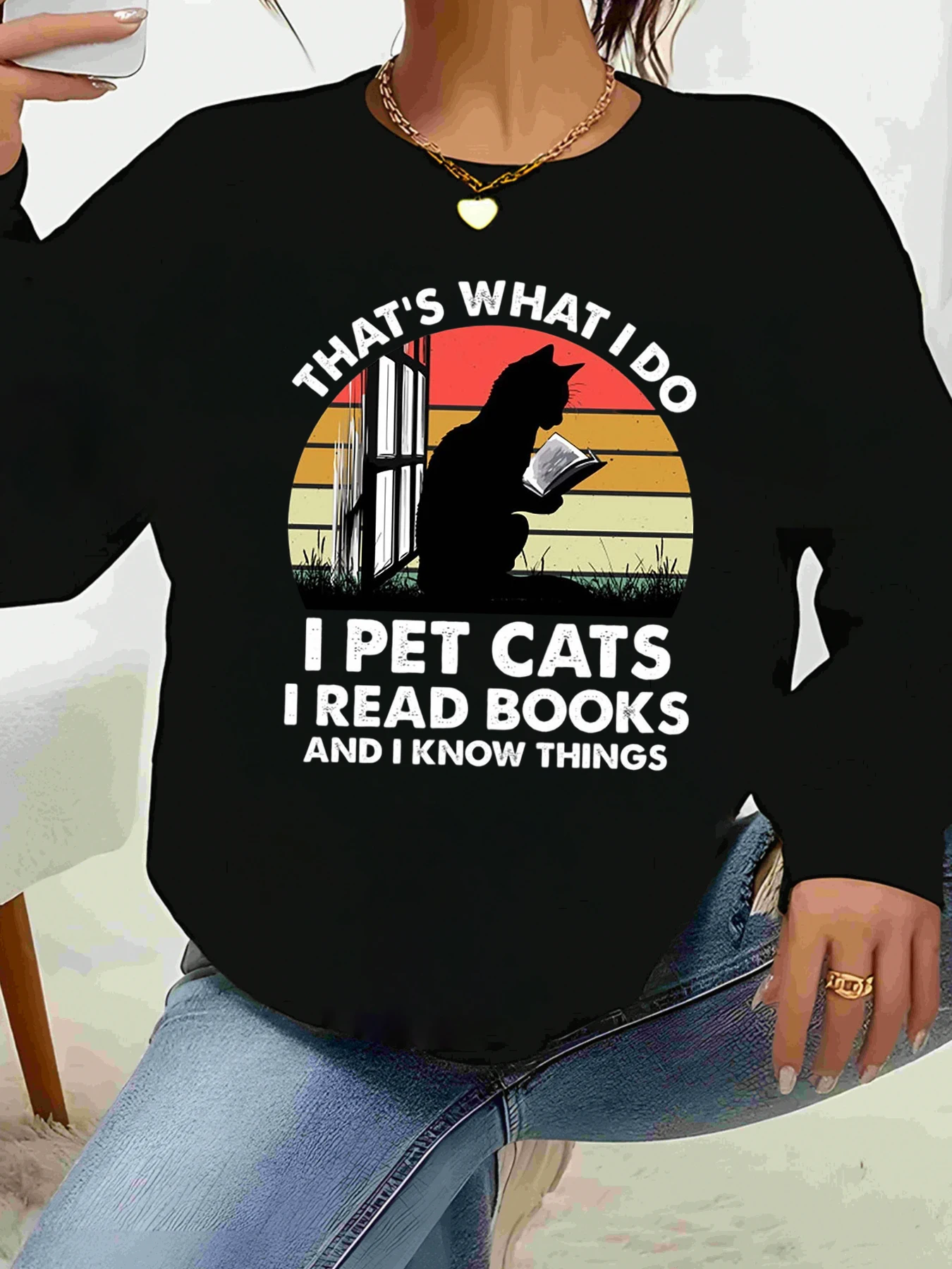 Cat Reading Book Print Long Sleeve T-Shirt Fall Winter Casual Wear for Women