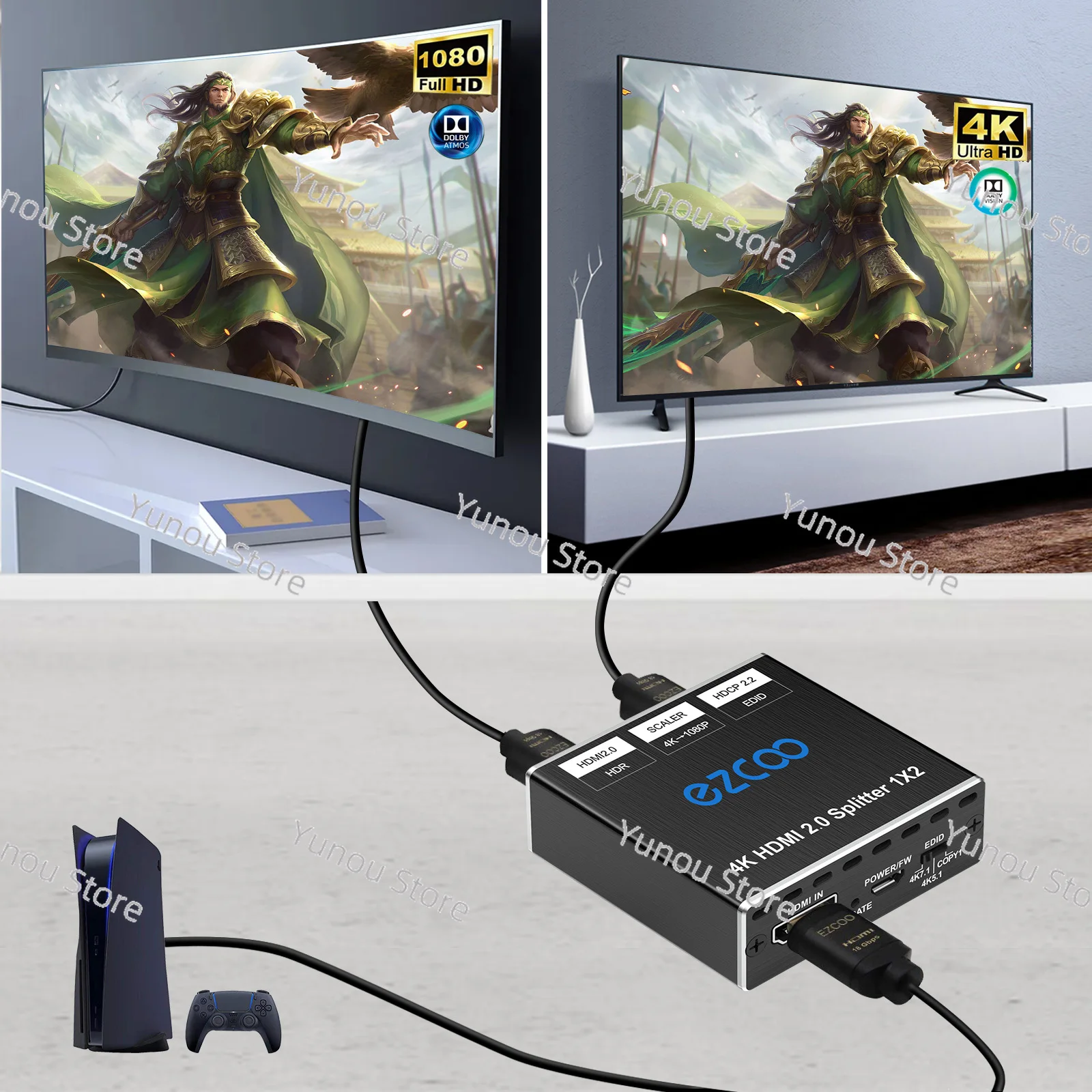 4K 60Hz HD-MI Splitter with 1 in And 2 Out Aluminum,Used for Dual MonitorCopying/mirroring or 1080p TV Synchronization Operation