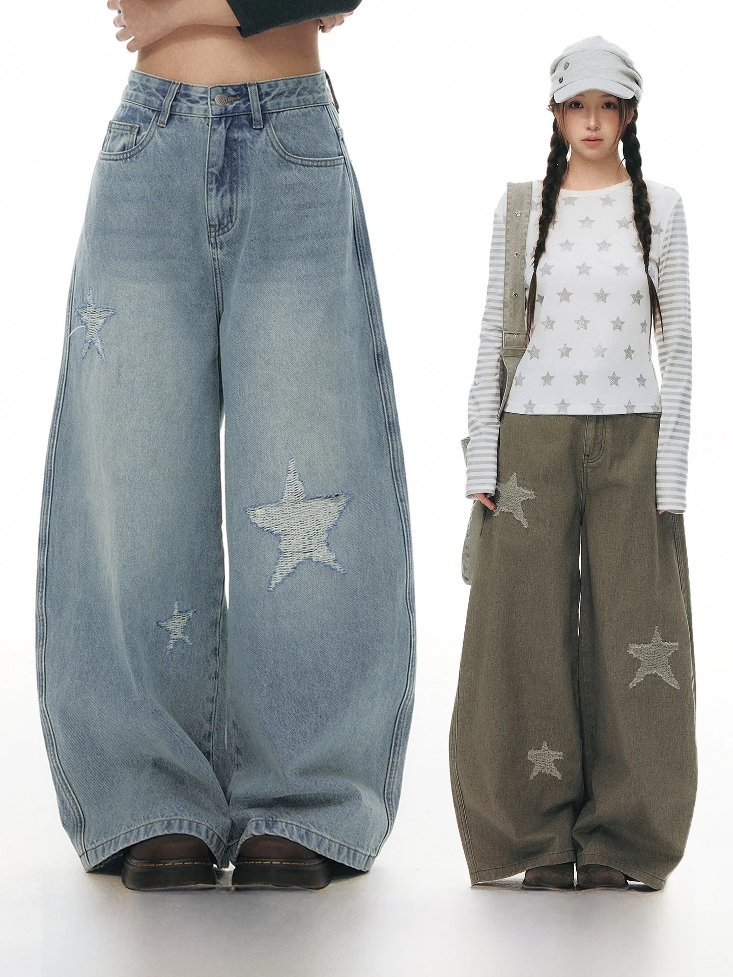

NAPSNAPS Original Star Pattern Loose Women's Jeans Spring Design Casual Wide Leg Pants Comfortable Cotton Natural Waist