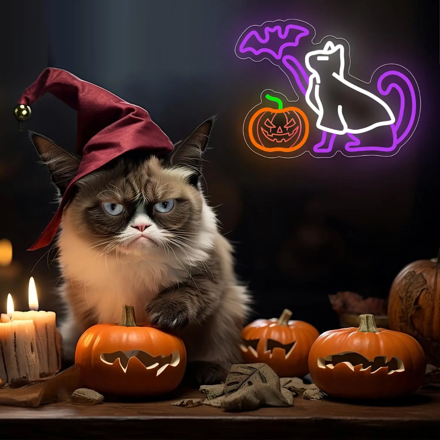 Halloween Ghost Cat Neon Sign Dimmable Light Up Sign Wall Decor for Bedroom Men Cave Home Halloween Party