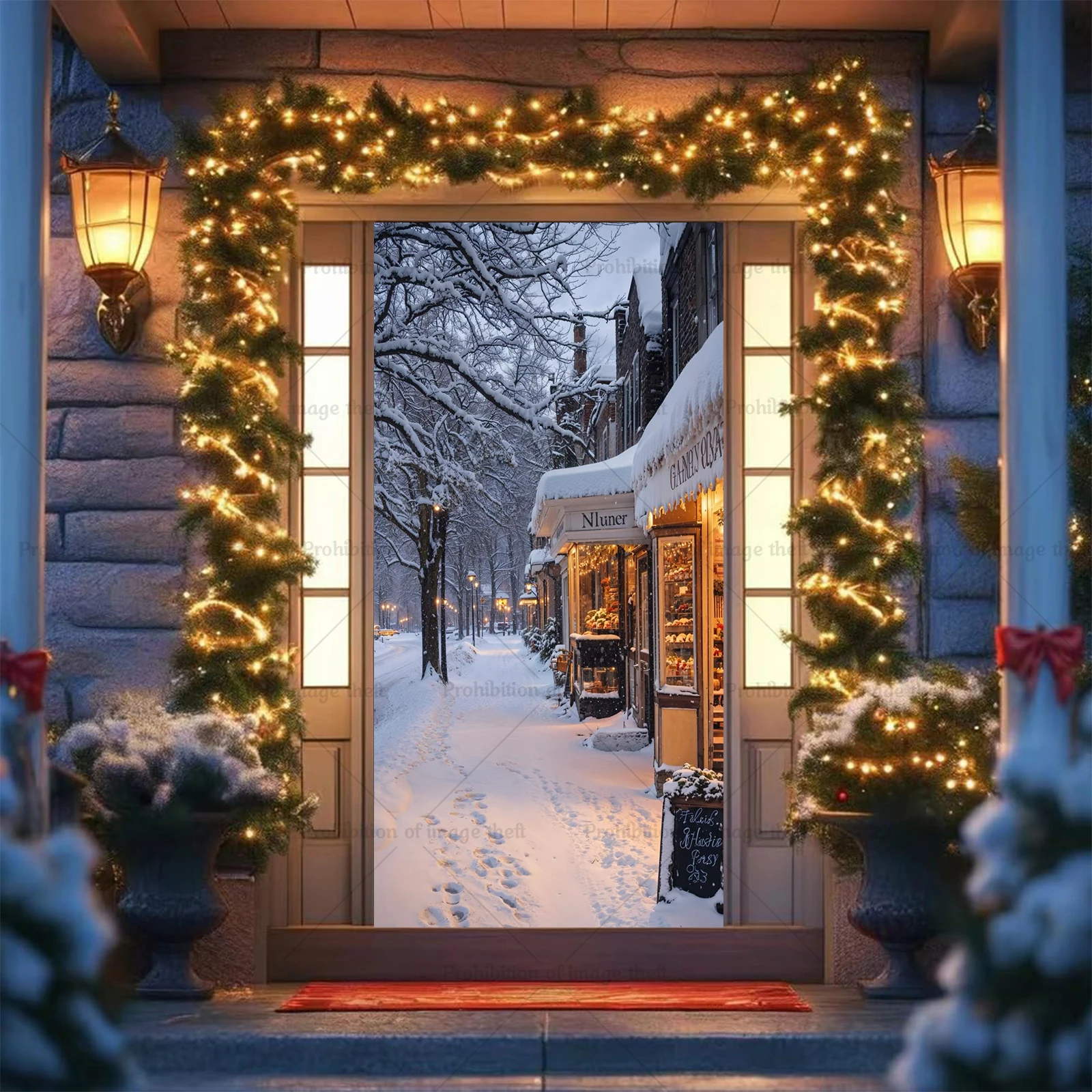 Winter Street Theme Background Snowflake Blue Sky Night Warm Streetlight Door Cover Party Decoration Poster Banner Prop Gift