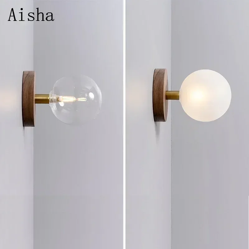 

Nordic Japanese Wooden Glass Ball Wall Lamp Corridor Modern Minimalist Bedroom Decoration Hotel Bedside Sconces Decoration