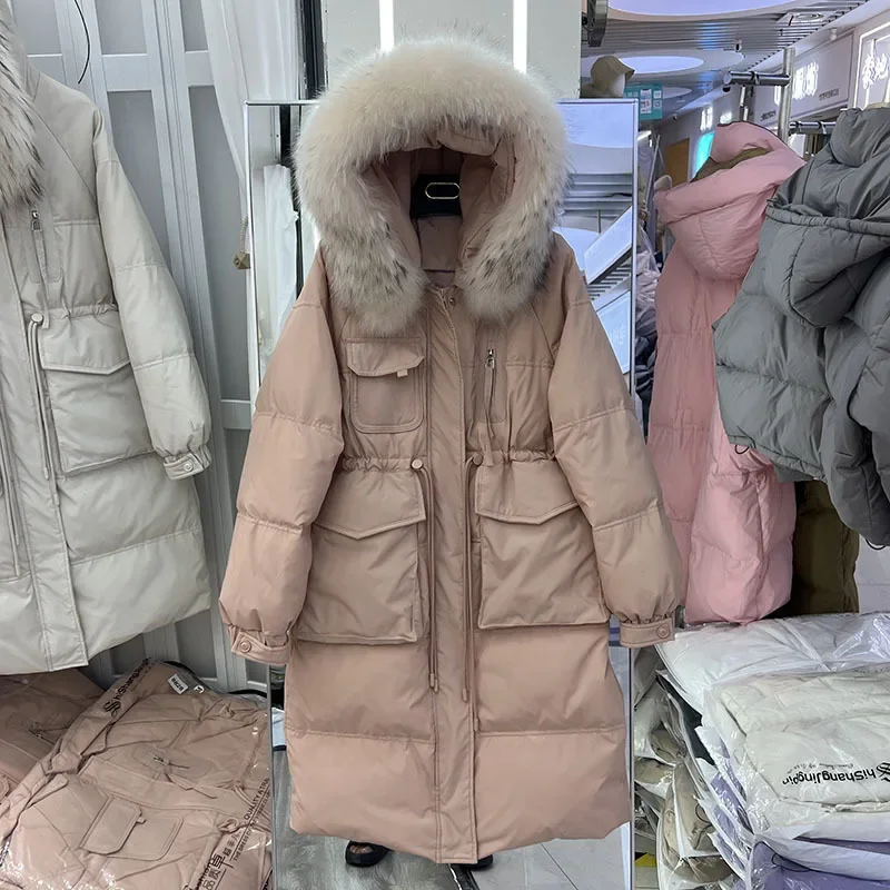 Chaqueta acolchada larga impermeable para mujer, abrigo grande con capucha de piel de mapache Real, Parkas de plumas de lluvia para mujer, invierno, 2023