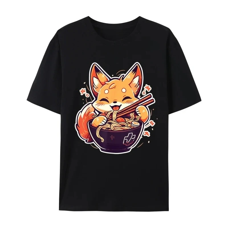 Cute Japanese Kawaii Fox Eating Ramen Graphic Printed Women Tee Soft and Comfotable Simple Tee Fun Pattern Print Loose Women Tee