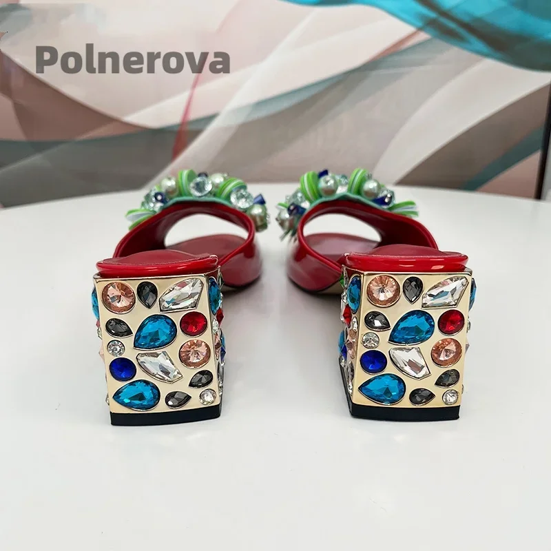 Rode Lakleer Slippers voor Vrouwen Boheemse Edelsteen Dikke Hakken Peep Toe Zomervakantie Schoenen Mode Runway Party Schoenen