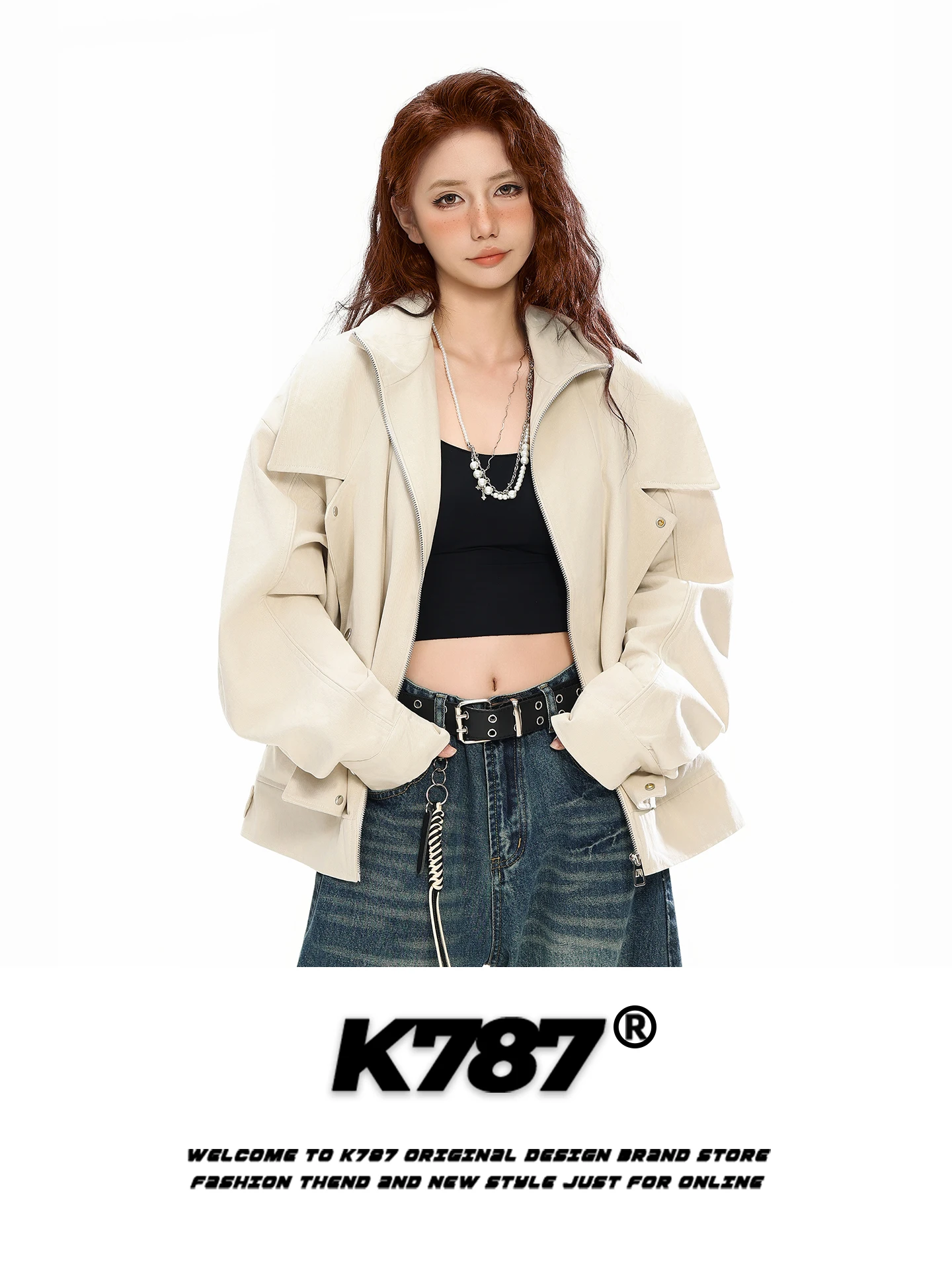 

K787 American Retro Deconstructed Jaet Loose Fit Pure Color ex Stand Collar Casual Sle Couples Outerwear