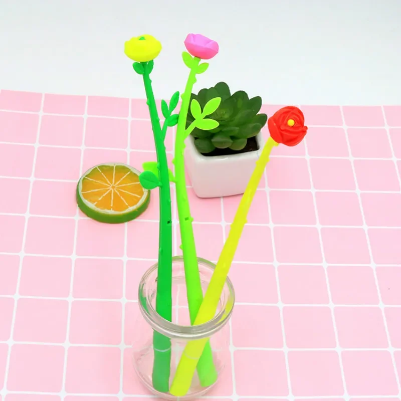 

50PCS Creative Rose Silicone Cartoon Student Gel Pen Black Water Pen 0.5mm Student Stationery Kawaii School Supplies