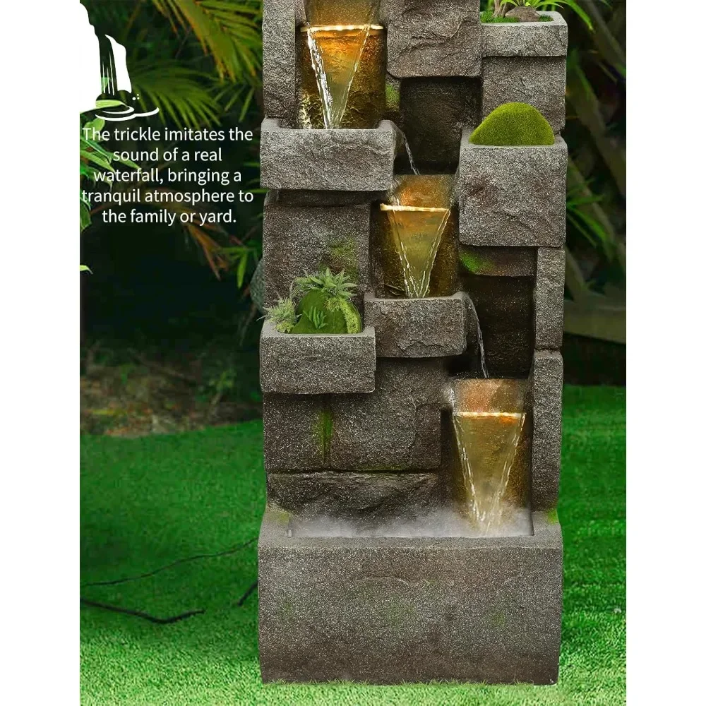 Outdoor Water Fountain Modern Floor-Standing Garden Fountain Tall 3 Tier Waterfall Fountain with LED Lights