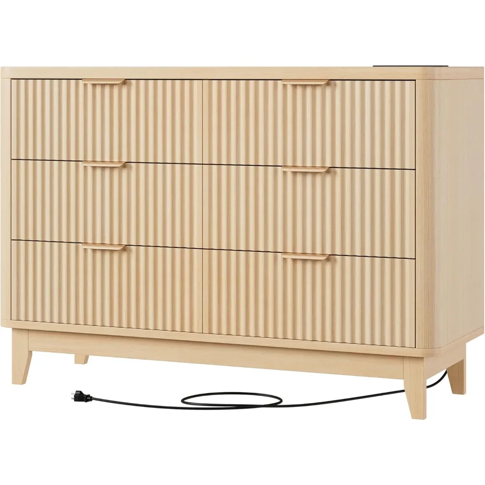 HAIOOU Fluted 6 Drawer Dresser with Power Outlet, 47.2” Wide Modern Chest of Drawers, Curved Profile Design Wooden Dresser for B